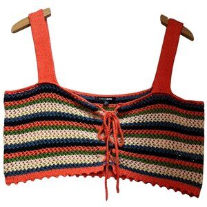 Womens Boho Revival Crochet Crop Top Lace-Up Front Sleeveless Sz XL Multi Stripe